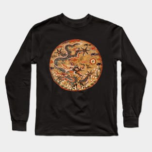 FIVE CLAWED BLACK DRAGON IN GOLD FLORAL SWIRLS Chinese Embroidery in Red Long Sleeve T-Shirt